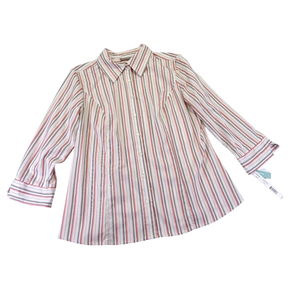 Apt. 9 Women Coral Poppy Striped 3/4 Sleeve Stretch Button Down Large NWT 1010C2